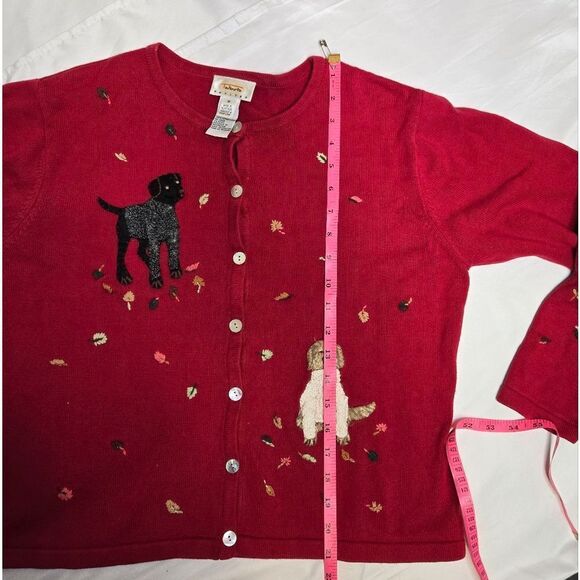VINTAGE 90s red Talbots dog felted‎ fall leaves button up holiday cardigan S/M - Picture 12 of 12